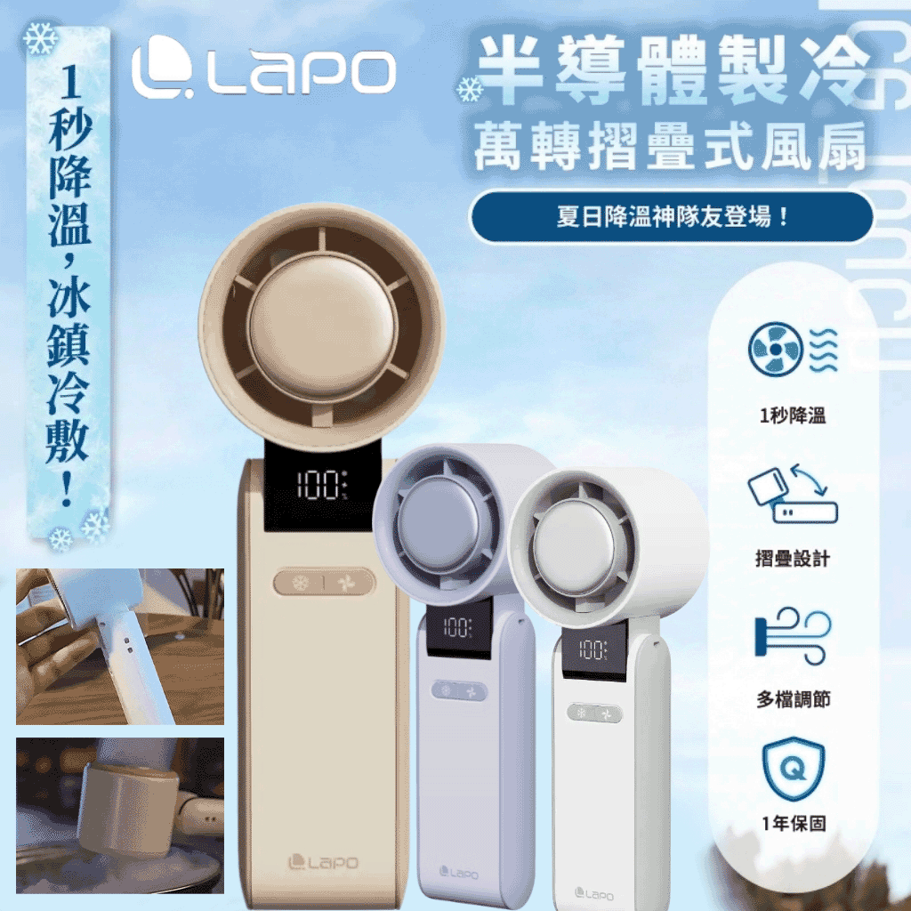【狂歡夏殺】LaPO 手持可折疊随身風扇-業界唯一使用日本松下高品質電芯，5100mAh大毫量，超長續航,電子製冷晶片，瞬效降溫,可折兽90度4段風速調節，享受涼爽【買就送同色掛脖頸繩+USB-Ato USB-C 充電線)